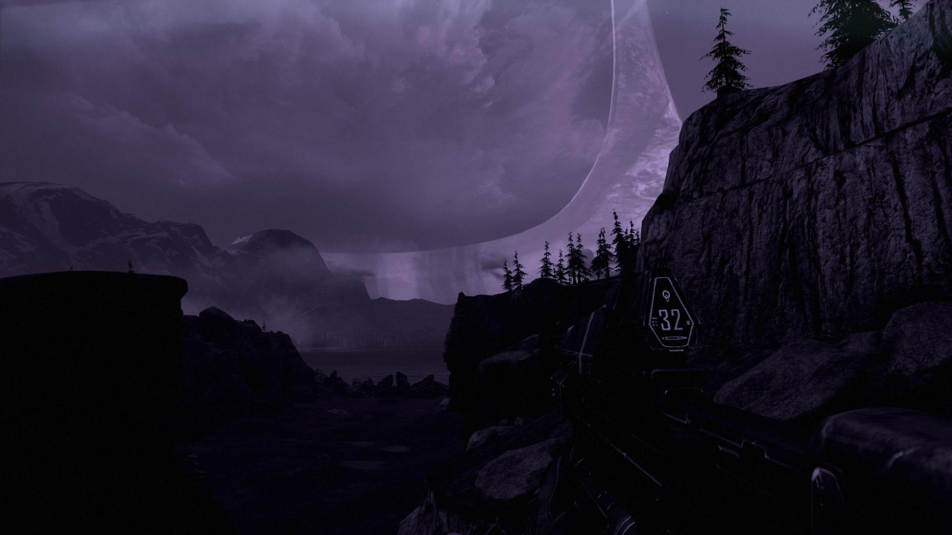 A view from Halo Reach's Forge World above where Hemorrhage is. The world is tinted purple.